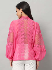 Fuschia Pink Organza Shirt With Lace