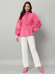 Fuschia Pink Organza Shirt With Lace