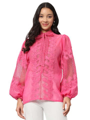 Fuschia Pink Organza Shirt With Lace