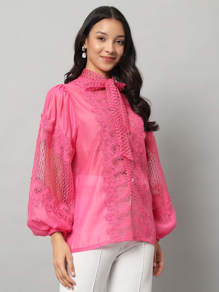 Fuschia Pink Organza Shirt With Lace