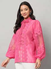 Fuschia Pink Organza Shirt With Lace