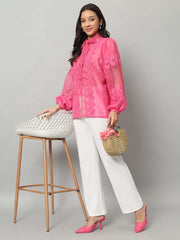 Fuschia Pink Organza Shirt With Lace